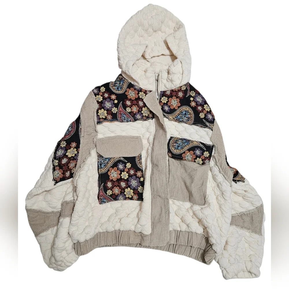 POL Boho Bold Quilted Hooded Jacket Patchwork Corduroy NEW